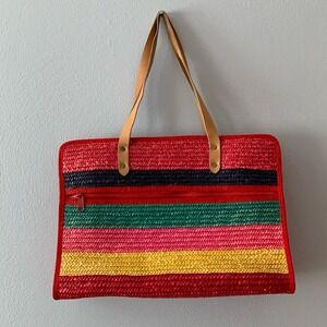 Vintage Straw Beach Shoulder Bag Tote Multicolor Soft Leather Straps